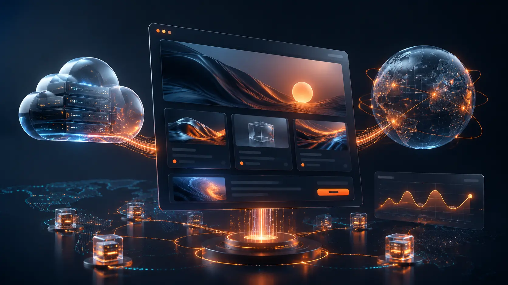 AI Landing Page Hosting bulut ve global yayın görseli