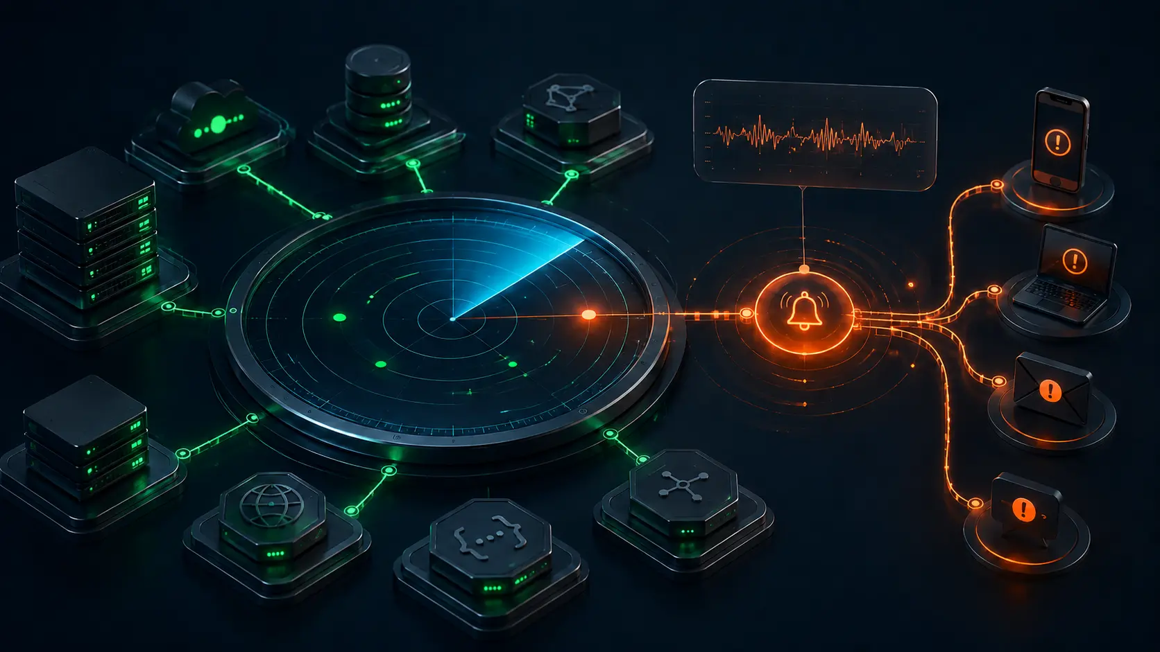 İzleme ve Alarm Otomasyonu radar ve bildirim görseli